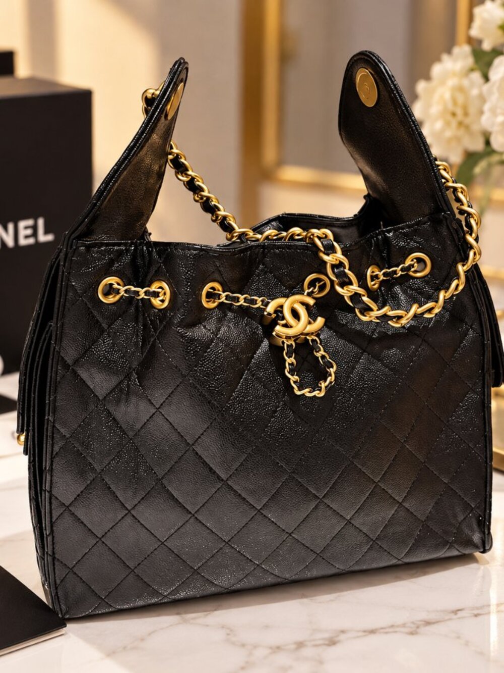 Black Quilted Chain Shoulder Bag Gold Tone Hardware Large Tote